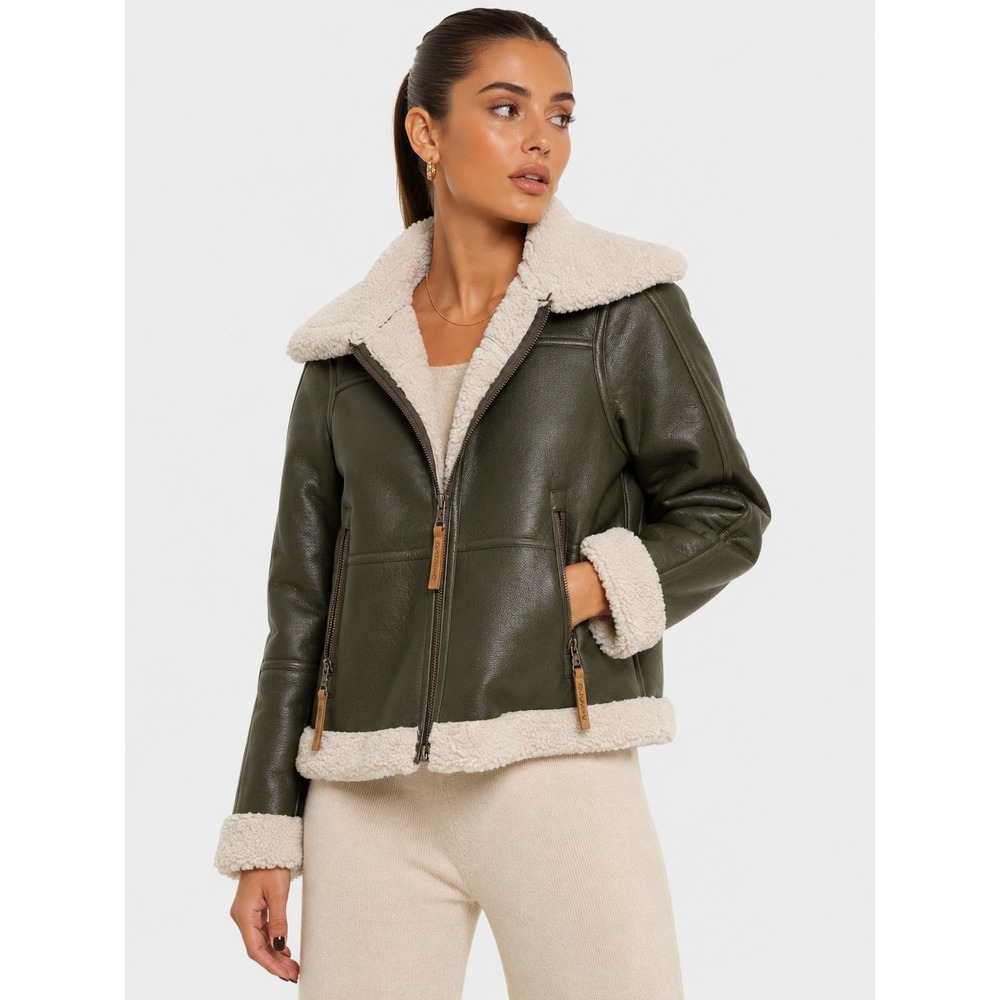 Bearpaw Womens Olive Green Faux Shearling Aviator Jacket M NWOT New